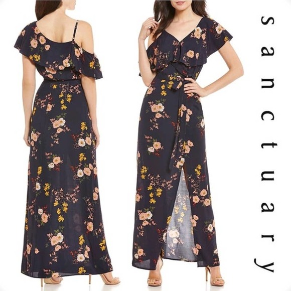 Nordstrom Sanctuary Maxi Dress Small Navy Blue Floral Off Shoulder Slit - Picture 11 of 11